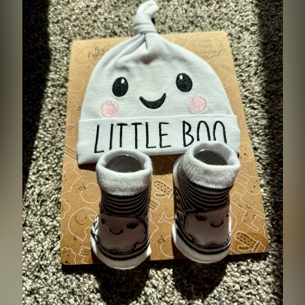 Baby Essentials White and Black Little Boo Hat and Socks Set